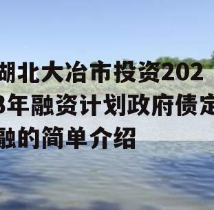 湖北大冶市投资2023年融资计划政府债定融的简单介绍